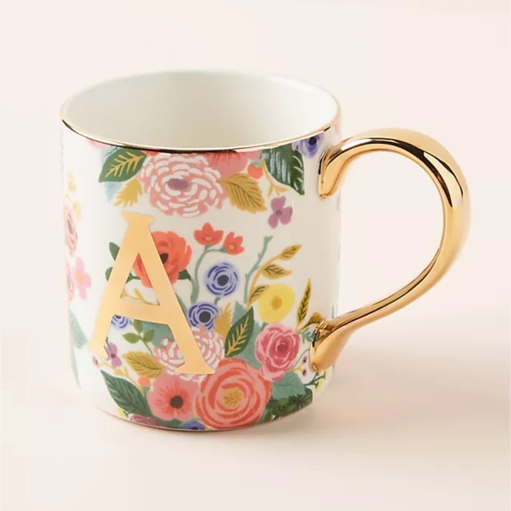 Anthropologie Floral “A”  Ceramic Mug. Rifle paper company.